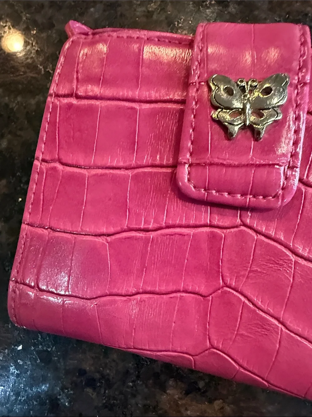 Vintage Pink Croc-Textured Butterfly Snap Wallet - Women